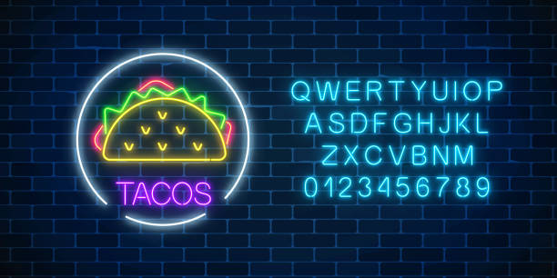 neon leuchtende zeichen der tacos im kreis frame wuth alphabet. fastfood-leichte billboard-symbol. cafe-menüpunkt. - hamburger schnellgericht stock-grafiken, -clipart, -cartoons und -symbole