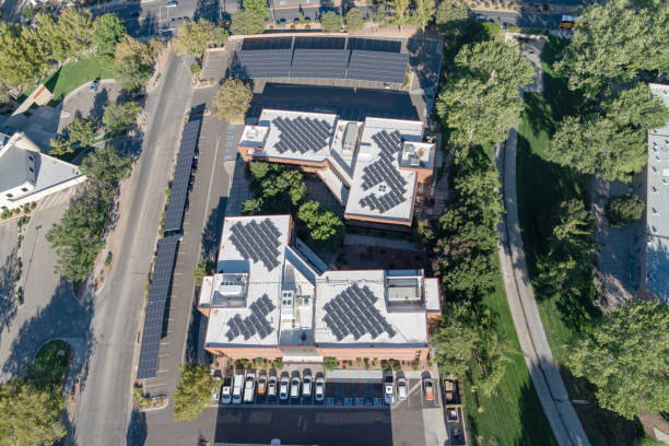 istock Solar panels green energy office park 1055612224