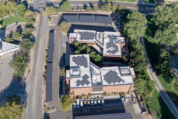 istock Solar panels green energy office park 1055612294
