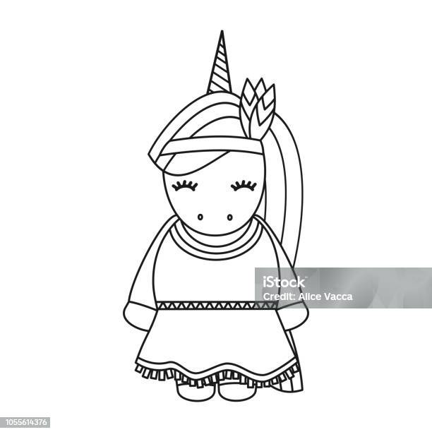 Cute Cartoon Lovely Black And White Native Indian American Female Unicorn Thanksgiving Vector Illustration Stock Illustration - Download Image Now
