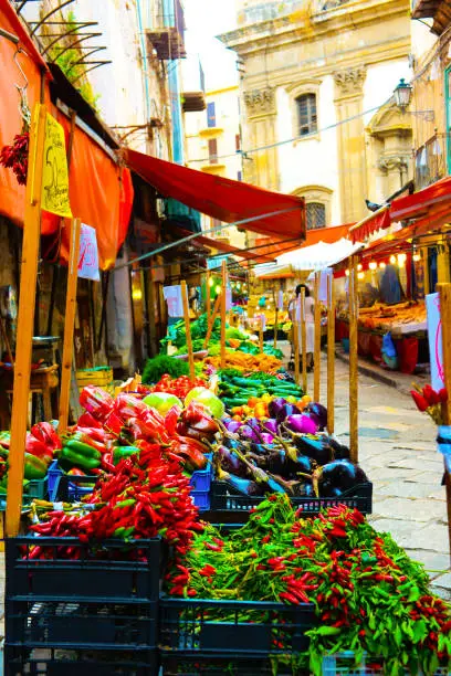 Photo of Sicily street market bazaar. Colorful vegetables traditional stall, Travel Italy