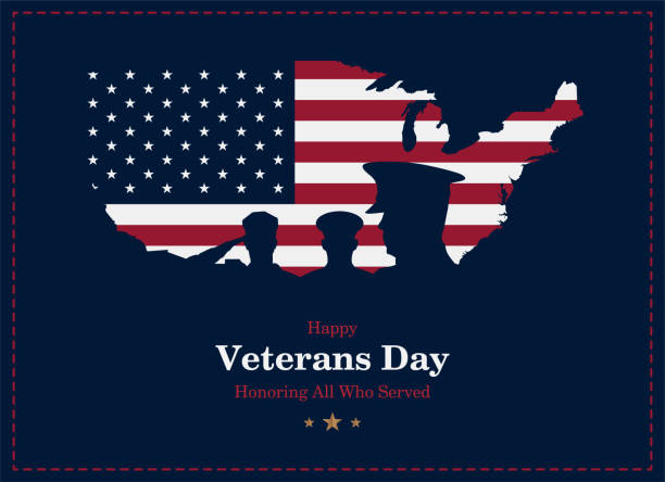 행복 한 재향 군인의 날입니다. 인사말 카드와 미국 국기, 지도 배경에 군인. 미국 공휴일 이벤트입니다. 평면 벡터 일러스트 레이 션 eps10 - us veterans day stock illustrations