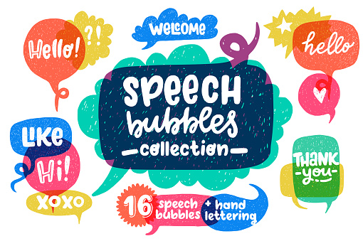 Big set of cool hand drawn speech bubbles and hand lettering essential words - Hello, Hi, Welcome, etc. Vector cartoon comic bubbles.