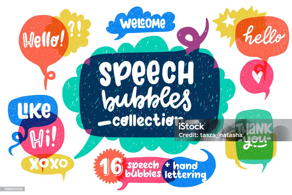 Hand drawn speech bubbles set and lettering Big set of cool hand drawn speech bubbles and hand lettering essential words - Hello, Hi, Welcome, etc. Vector cartoon comic bubbles. Speech Bubble stock vector