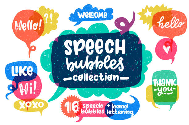 Hand drawn speech bubbles set and lettering Big set of cool hand drawn speech bubbles and hand lettering essential words - Hello, Hi, Welcome, etc. Vector cartoon comic bubbles. balloon drawings stock illustrations