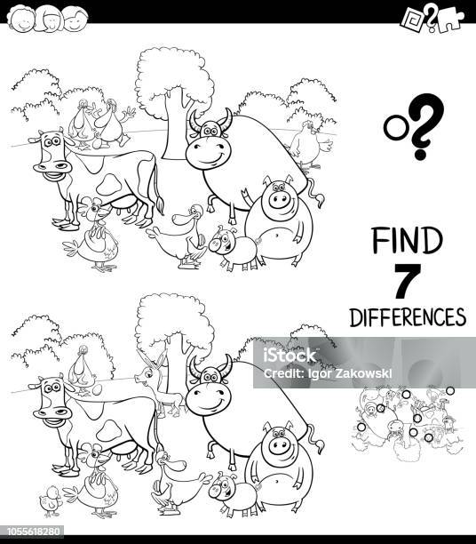 Differences Game With Farm Animals Color Book Stock Illustration - Download Image Now - Contrasts, Discovery, Livestock