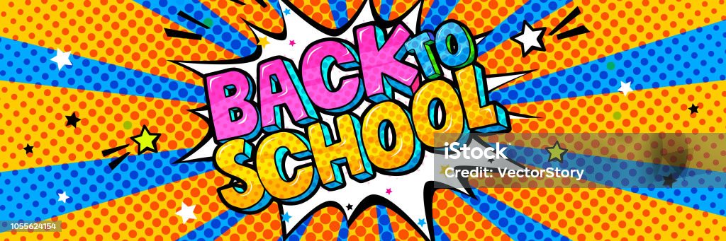 Concept of education. School background and comic speech bubble with Back to School lettering Concept of education. School background and comic speech bubble with Back to School lettering in pop art style on color background. Back to School stock vector