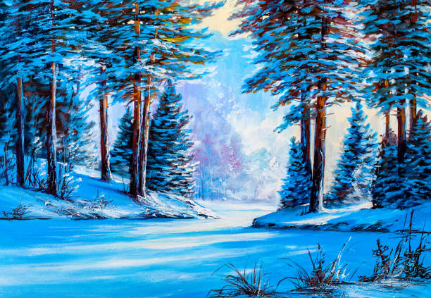 illustrations, cliparts, dessins animés et icônes de forêt de noël avec rivière - backgrounds canvas cold color image