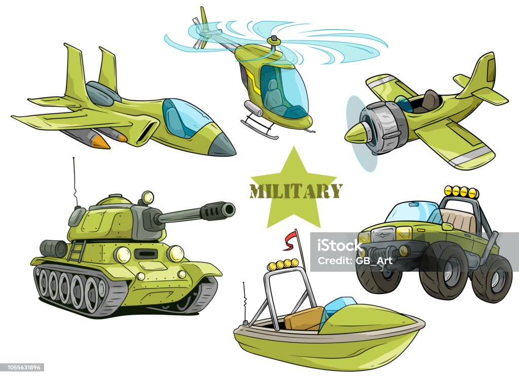 Cartoon Green Military Army Vehicles Vector Set Stock Illustration -  Download Image Now - Cartoon, Armored Tank, Fighter Plane - iStock