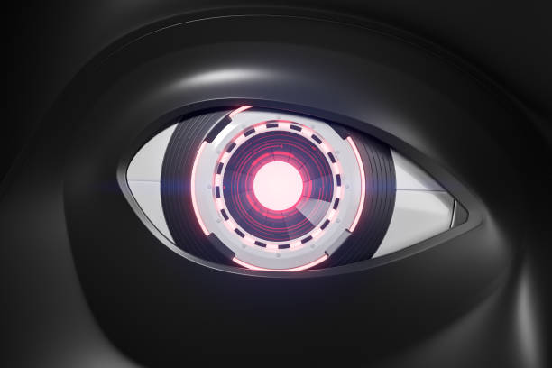 istock Black and red realistic robot eye close up 1055640276
