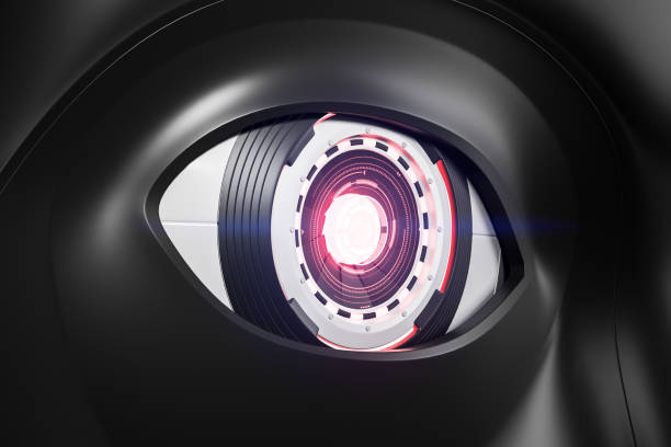istock Black and red realistic robot eye side view 1055640452