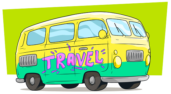 Cartoon yellow retro van bus with text label Travel on green background. Vector icon.