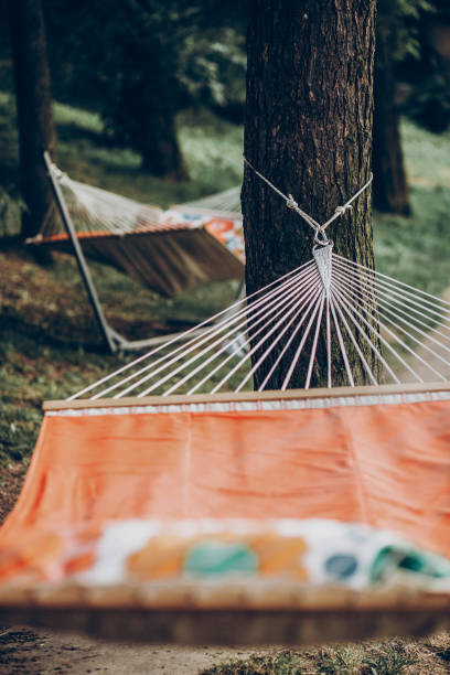 istock Comfortable orange hammock hanging outdoors in a park, boho hammock tied to trees, camping concept 1055641030