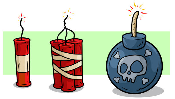 Cartoon red dynamite and bomb with wick vector set Cartoon red dynamite sticks with wick and bomb with skull. Vector icon set. fuse cartoons stock illustrations