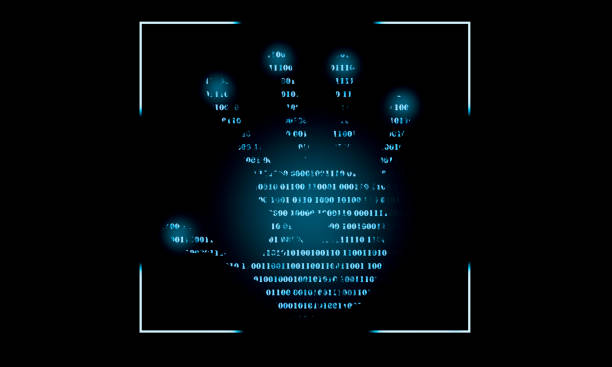 Internet safety concept. Binary code on palm print against a black screen. Digital biometric password stock photo