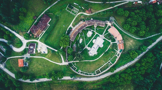 Studenica christian orthodox monastery from air. Serbia.