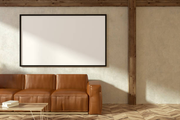 istock Leather sofa in beige living room, poster close up 1055654732