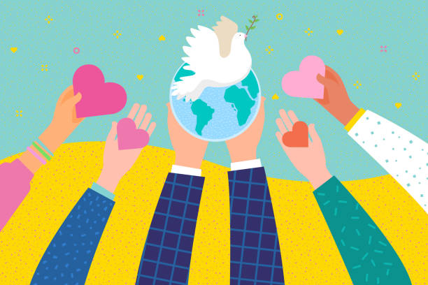 ilustraciones, imágenes clip art, dibujos animados e iconos de stock de día internacional de la paz. manos sosteniendo un símbolo de corazón. - paz mundial