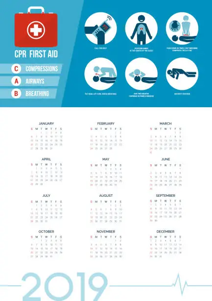 Vector illustration of CPR first aid kit calendar 2019