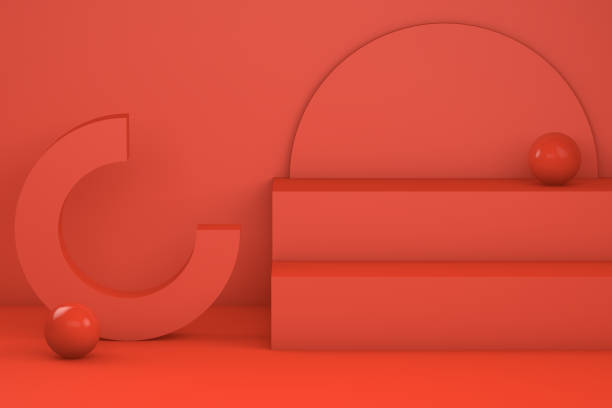 3D Minimal red staircase, podium and geometric shapes