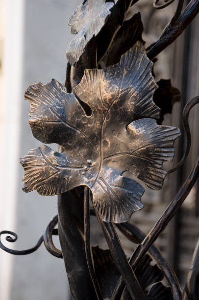 fer feuilles de raisin sur la clôture. skulpture métal, rue conception - skulpture photos et images de collection