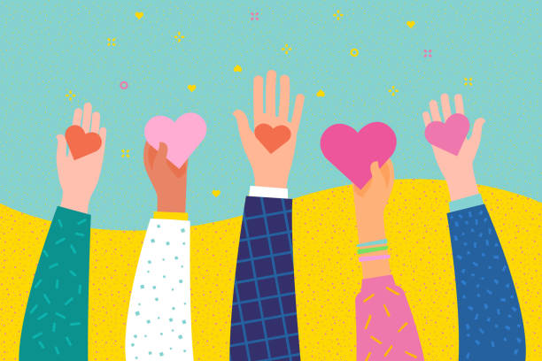 Concept of charity and donation. Give and share your love to people. Concept of charity and donation. Give and share your love to people. Hands holding a heart symbol. Flat design, vector illustration. friendship backgrounds stock illustrations