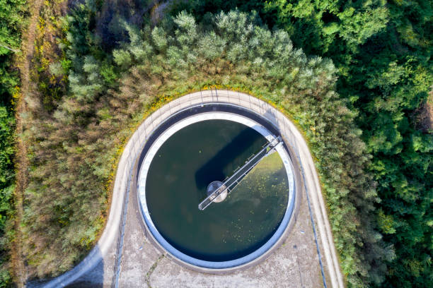 Aerial View of Water Purification Plant Aerial view of a sewage treatment plant, Bavaria, Germany public utility stock pictures, royalty-free photos & images