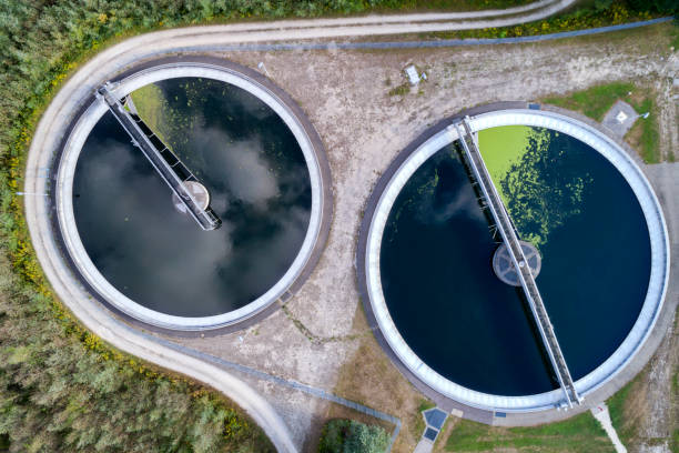 Aerial View of Water Purification Plant Aerial view of a sewage treatment plant, Bavaria, Germany public utility stock pictures, royalty-free photos & images