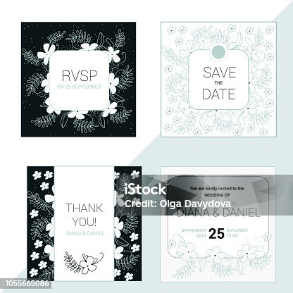 istock Set of 4 wedding pale green invitation cards. 1055665086