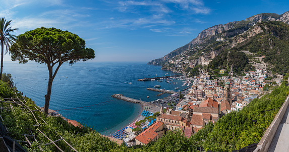A panorama picture of the small town of Amalfi, in the Amalfi Coast, taken from the panoramic hills.
