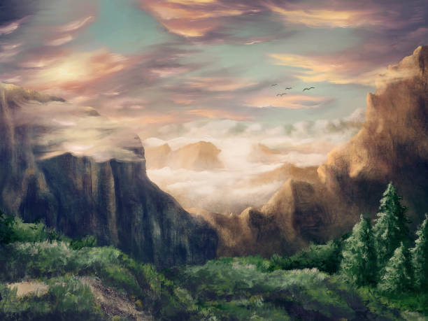 Idyllic and dreamy environment scenery - Digital Painting Idyllic and dreamy environment scenery - Digital Painting pictures of valleys stock illustrations