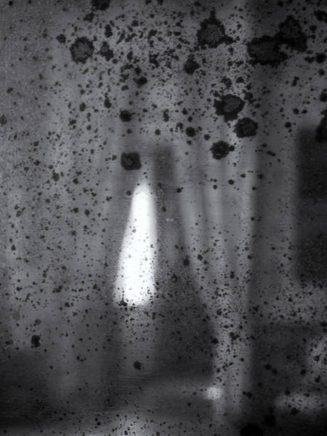 blurred reflection in an old decayed damaged mirror of an interior with curtains and windows