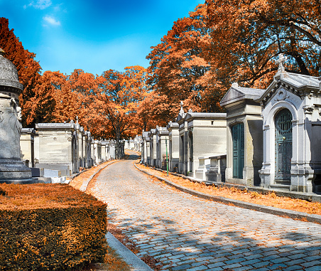 HDR view of Pere Lachaise Cemetery in Paris at autumn.
