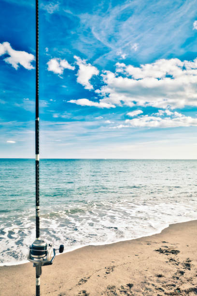 istock Fishing rod nailed to the seashore 1055683644