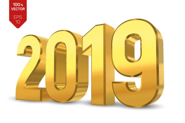 istock 2019 Golden Numbers isolated on white background. 3D isometric new year sign for greeting card or poster. Happy New Year 2019. Vector Illustration. 1055683926