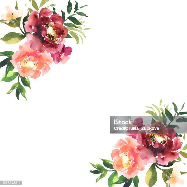 Watercolor Flowers In Frame Hand Drawn For Print Cards Design Modern Pattern With Colorful Roses With Place For Text Vector Stock Illustration - Download Image Now