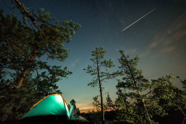Man looking on nigh starry sky with falling star