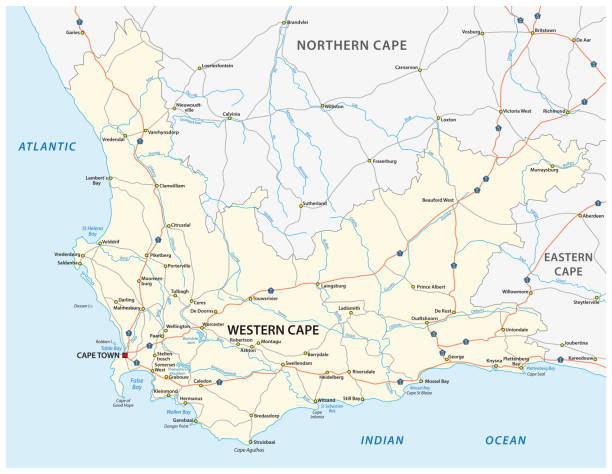 ilustrações de stock, clip art, desenhos animados e ícones de south africa western cape province road map. - south africa road cape town the garden route