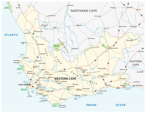 ilustrações de stock, clip art, desenhos animados e ícones de south africa western cape province road and national park map. - south africa road cape town the garden route
