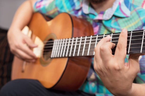 istock Bearded hipster man hand adjusting acoustic guitar. Close-up selective focus on hand. 1055698688