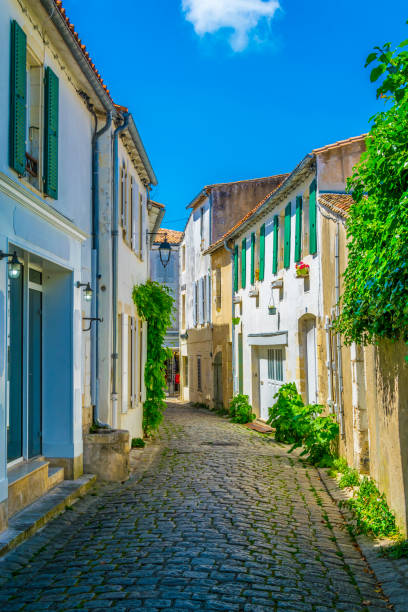 eine straße in saint martin de re village befindet sich auf der ile de ré, frankreich - ile de re stock-fotos und bilder