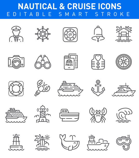 Nautical and Travel Icons. Editable stroke set Vector set of Nautical and travel icons with boat, yacht, whale and seafood symbols boat captain illustrations stock illustrations
