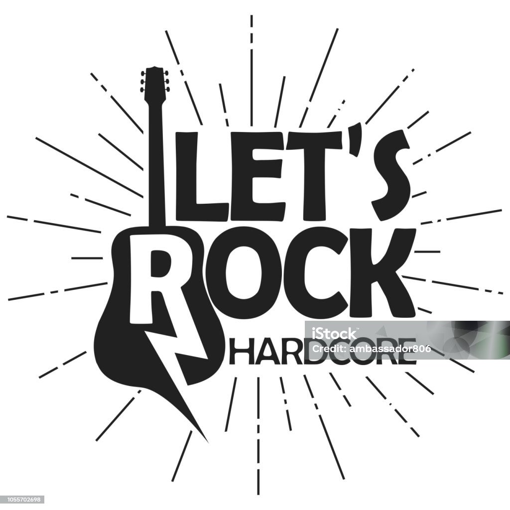 Rock lettering, poster or t-shirt design, vector Rock music guitar print for card or t-shirt, hipster retro badge. Vector Rock Music stock vector