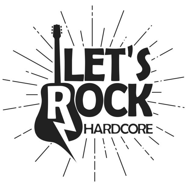 Rock lettering, poster or t-shirt design, vector Rock music guitar print for card or t-shirt, hipster retro badge. Vector hardcore music style stock illustrations