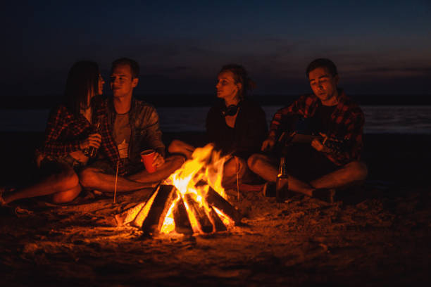 istock young friends have picnic with bonfire on the beach 1055711678