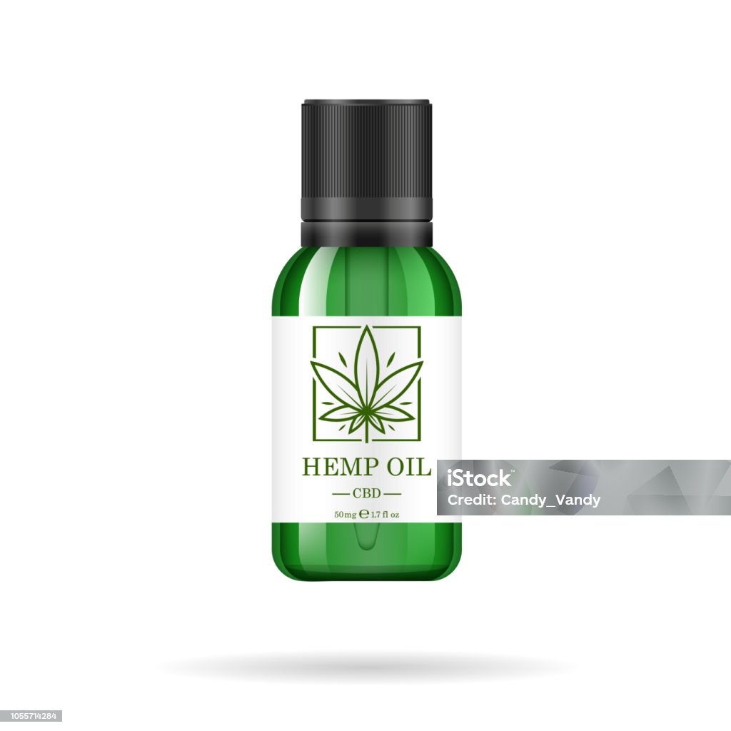 Realistic green glass bottle with hemp oil. Mock up of cannabis oil extracts in jars. Medical Marijuana logo on the label. Vector illustration. Realistic green glass bottle with hemp oil. Mock up of cannabis oil extracts in jars. Medical Marijuana logo on the label. Vector illustration Essential Oil stock vector