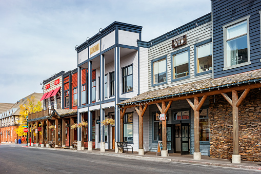 Stock photograph of a row of traditionally built businesses in downtown Jackson, Wyoming, USA.