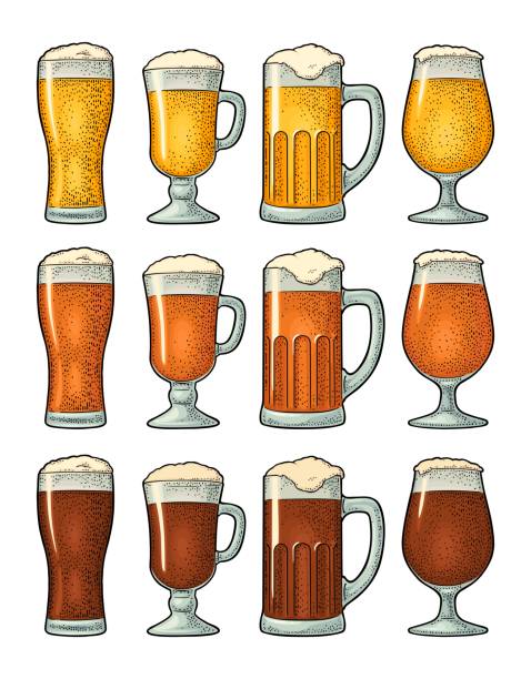 Four different glasses with three types beer. Vintage color engraving Four different glasses with three types beer - light, red and porter. Vintage color vector engraving illustration. Isolated on white background. Hand drawn design element for label and poster beer styles stock illustrations