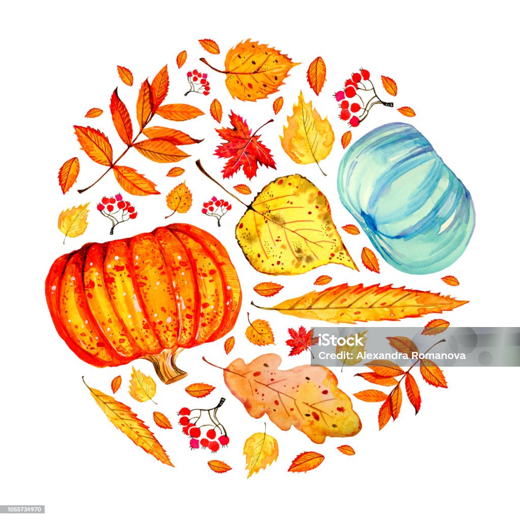 Different colorful autumn leaves and pumpkins in round composition. Hand drawn watercolor stylized sketch illustration Different colorful autumn leaves and pumpkins in round composition. Hand drawn watercolor stylized sketch illustration isolated on white background Autumn stock illustration