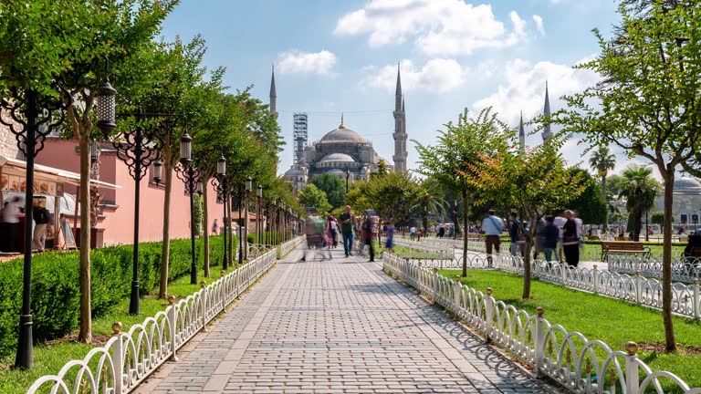 Timelapse: Traveler Crowd at Blue Mosque Sultan Ahmet Camii in old town square Istanbul Turkey